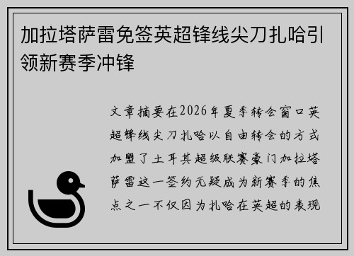 加拉塔萨雷免签英超锋线尖刀扎哈引领新赛季冲锋 加拉塔萨雷免签英超锋线尖刀扎哈引领新赛季冲锋