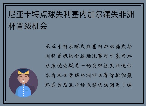 尼亚卡特点球失利塞内加尔痛失非洲杯晋级机会 尼亚卡特点球失利塞内加尔痛失非洲杯晋级机会